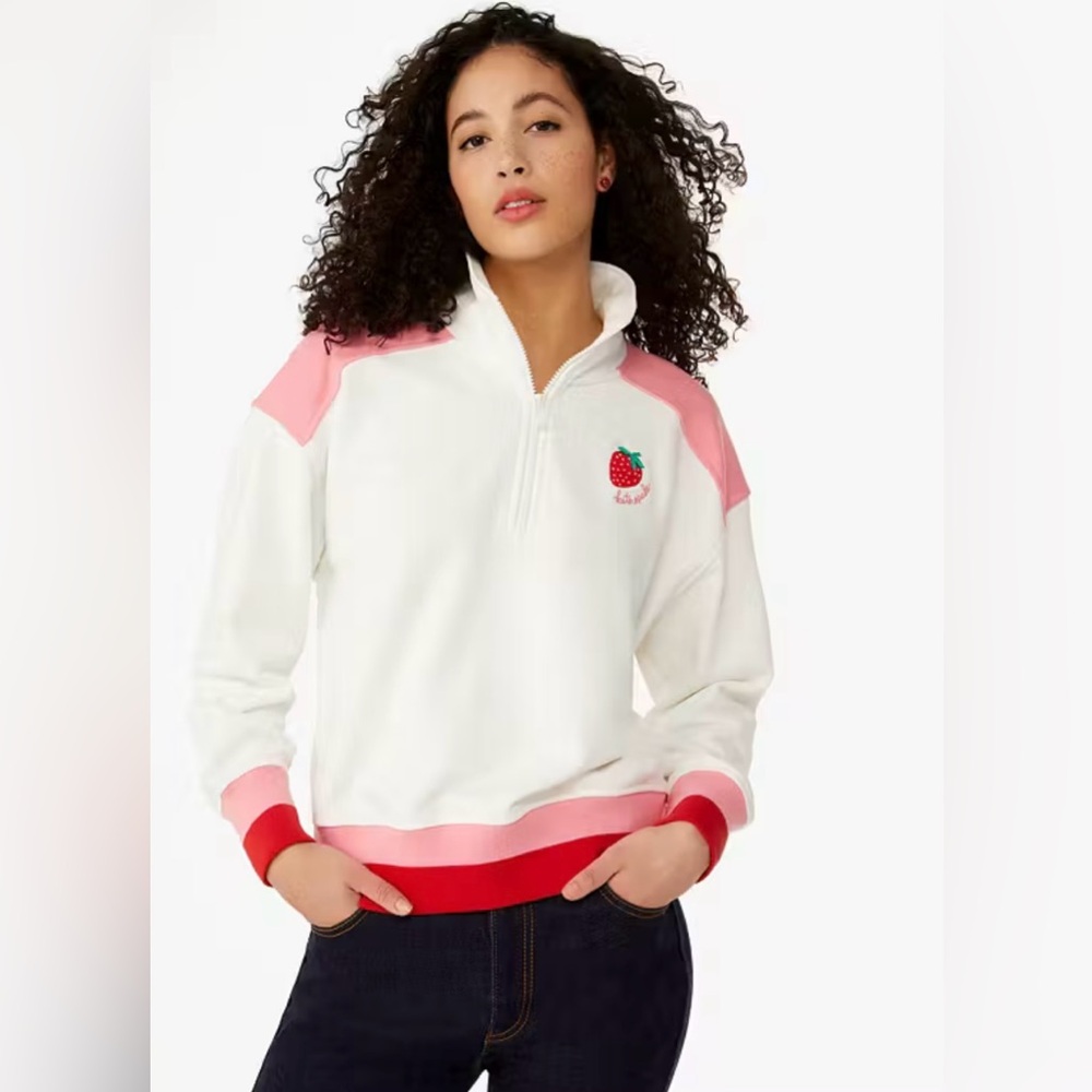 kate spade White & Pink Strawberry Half-Zip Sweatshirt